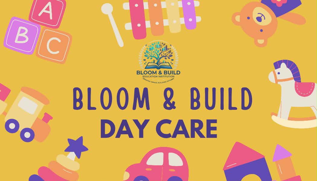 Bloom & Build Day Care illustrated banner with toys and building blocks