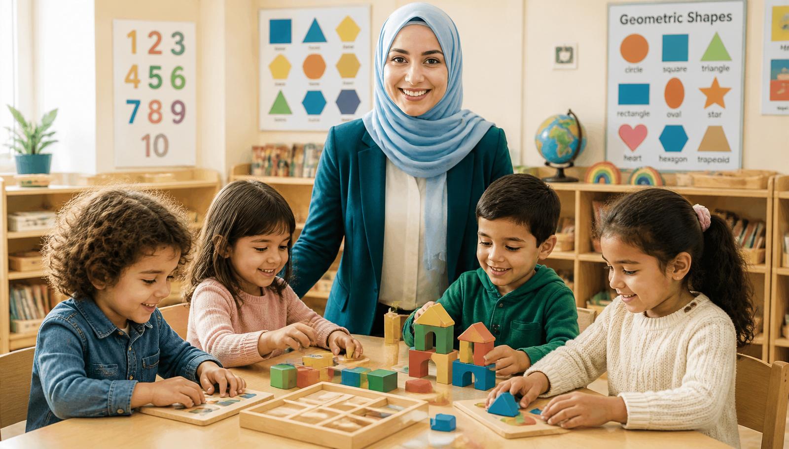 Teacher with young students in a Montessori classroom